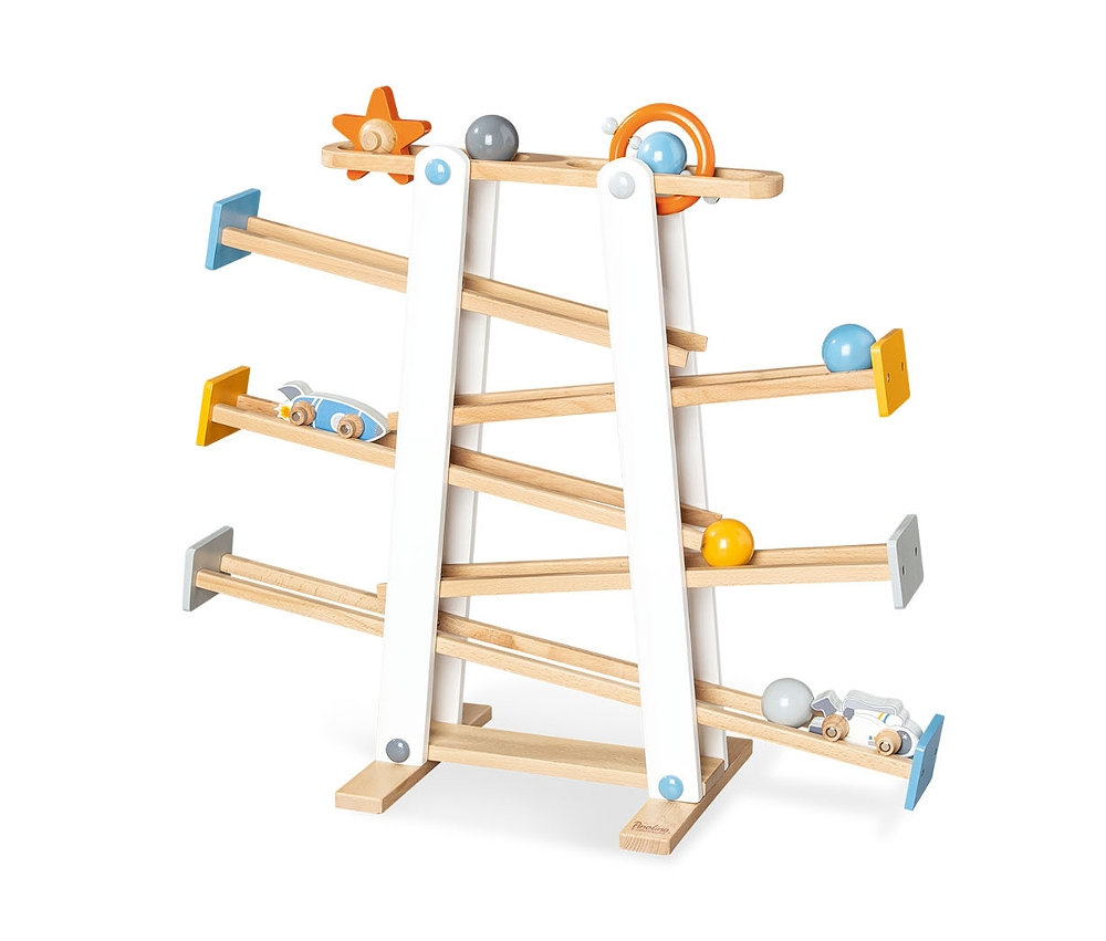 Pinolino Kugelbahn »Kleine Rakete« mit Kugeln und kleinen Autos auf weißem Hintergrund.