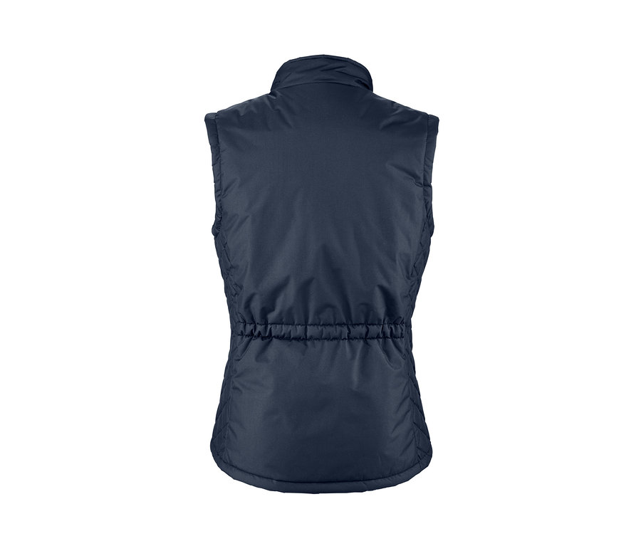 Dunkelblaue Damen-Reitweste mit recyceltem Material, Rückansicht.