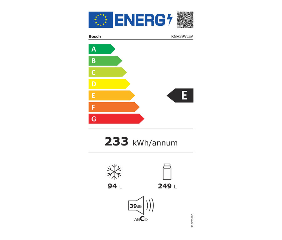 Energielabel des Bosch-Kühlschranks KGV39VLEA, Klasse E, Verbrauch 233 kWh/Jahr.