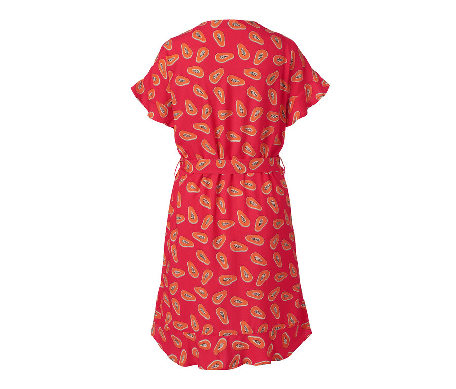 Rotes Webkleid mit Bindeband und Papaya-Muster.
