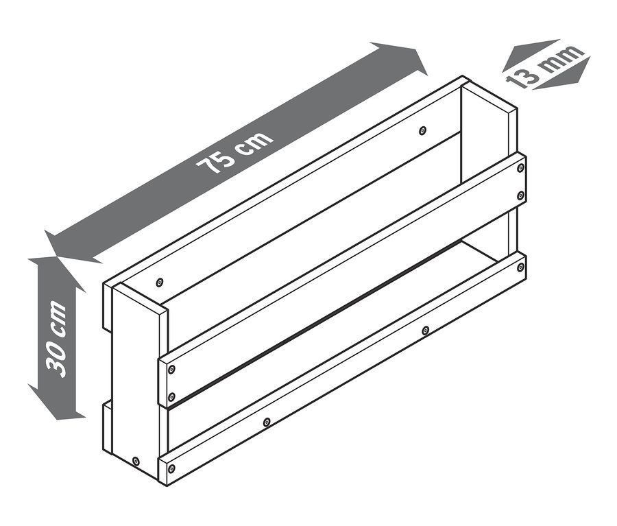 Abbildung eines Wandregals mit den Maßen 75 cm x 30 cm x 13 mm.