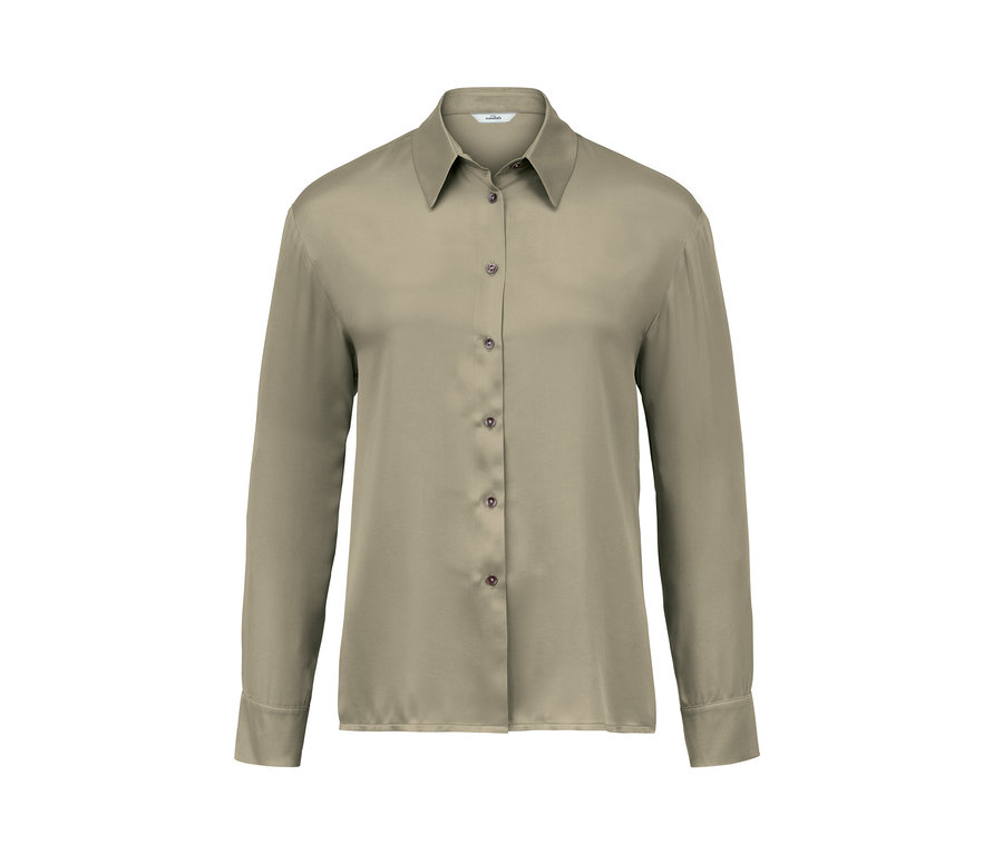 Khakifarbene Hemdbluse mit langen Ärmeln und Knopfleiste.