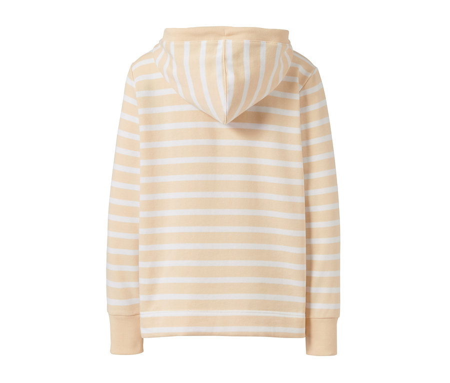 Rückansicht eines cremefarben-weiß gestreiften Kapuzensweatshirts.