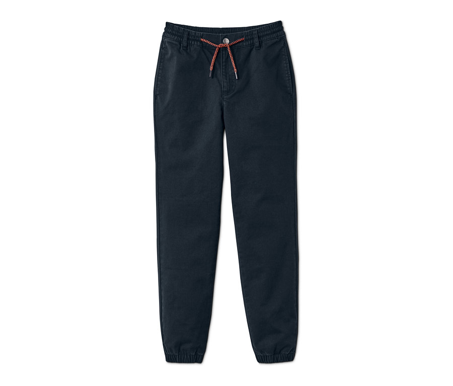 Marineblaue Chino im Jogger-Style mit orangefarbener Kordel.