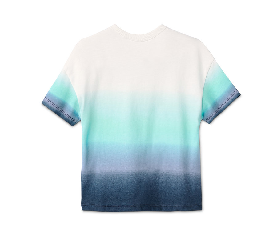 Weißes T-Shirt aus Bio-Baumwolle mit Farbverlauf von Weiß nach Blau.