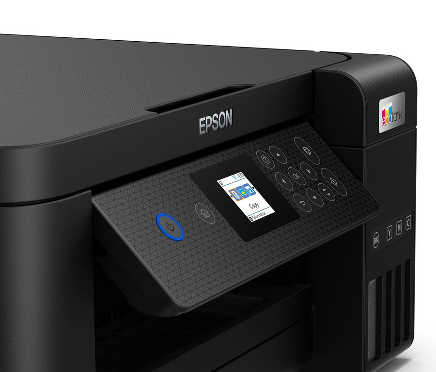 Detailansicht des schwarzen Epson Multifunktionsdruckers EcoTank ET-2850.
