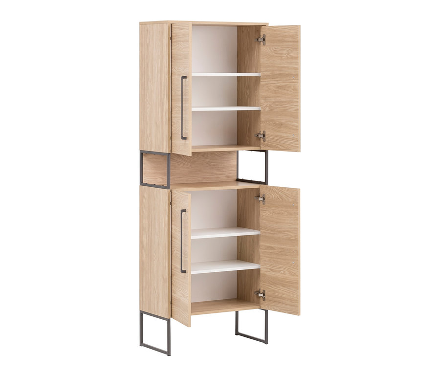 Geöffneter Hochschrank »Dumone« aus Eiche mit zwei übereinanderliegenden Schränken, jeder mit zwei weißen Einlegeböden.