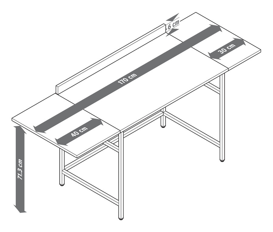 Diagramm eines erweiterbaren Schreibtischs aus Massivholz mit Abmessungen.