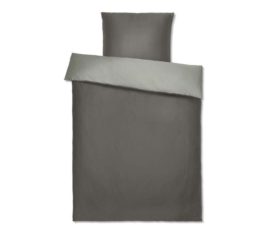 Graue TENCEL™-Baumwoll-Bettwäsche, Normalgröße, mit Kissenbezug oben.
