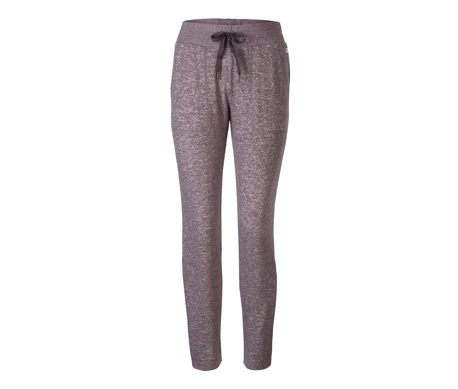 Eine graubraune Relaxhose mit Kordelzug am Bund.