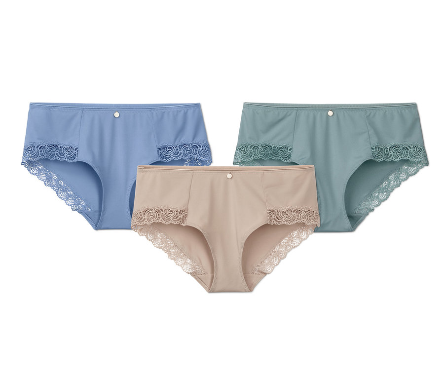Drei Pantys mit Spitze in den Farben Blau, Pistazie und Nude.
