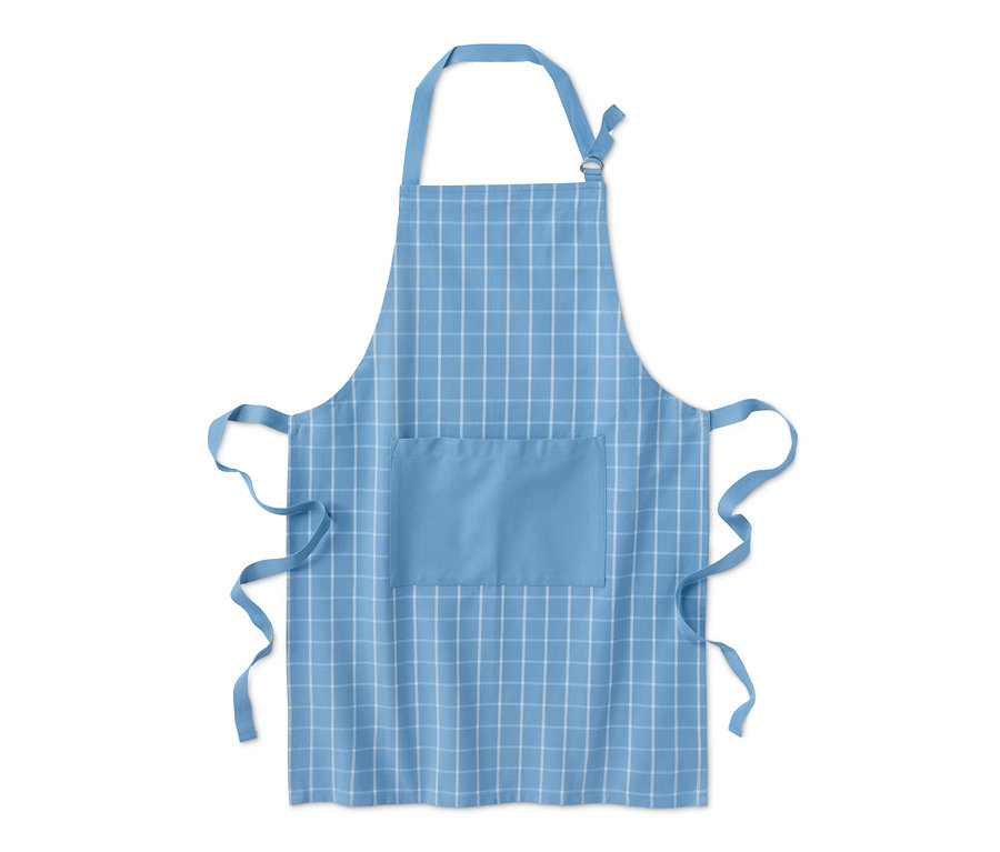 Hellblaue Küchenschürze mit weißem Karomuster und Tasche.