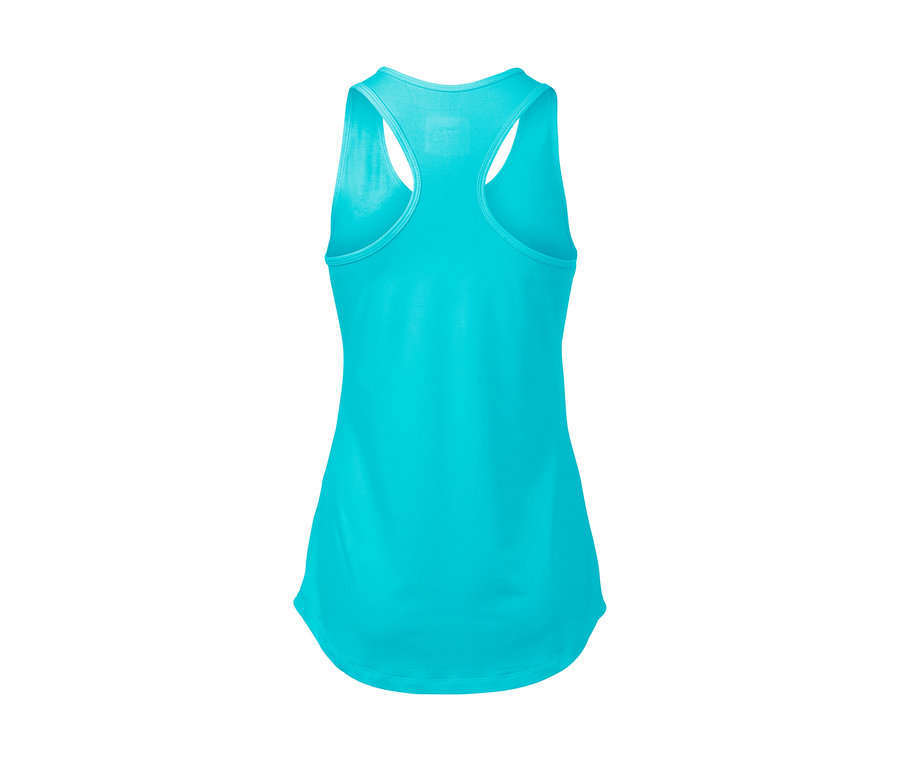 Detailansicht von hinten auf ein türkises Tanktop. Im Angebot sind 2 Tops enthalten.