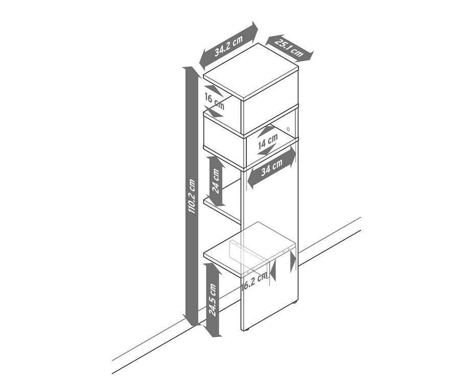 Skizze eines weißen Regals mit Echtholz-Multiplexkanten und Maßangaben.