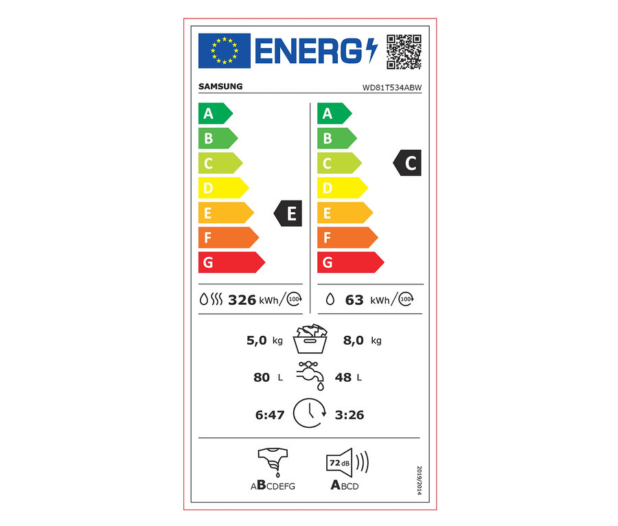 Energielabel des Samsung-Waschtrockners WD81T534ABW/S2, Energieeffizienzklasse E, 326 kWh/100 Zyklen, 8 + 5 kg, 72 dB.