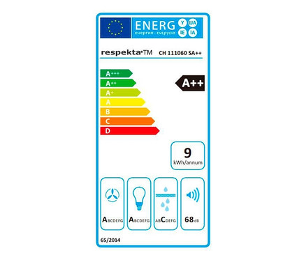 Ein schwarzes Energielabel auf weißem Hintergrund mit grünen, gelben und roten Streifen, die die Energieeffizienz kennzeichnen. Zu sehen ist die Respekta®-Dunstabzugshaube »CH111060SA++«.