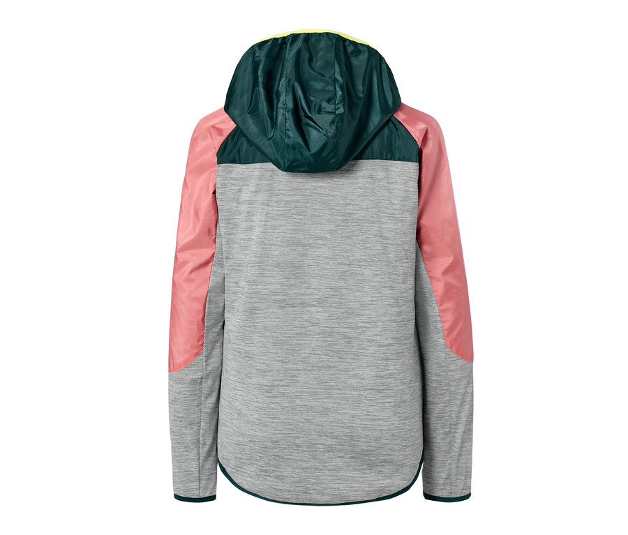 Rückansicht einer Halfzip-Thermojacke mit grüner Kapuze, rosafarbenen Ärmeln und grauem Rumpf.