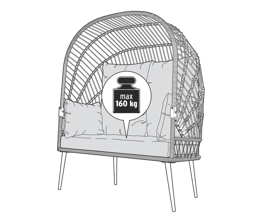 Illustration einer Bank mit geflochtenem Dach und Kissen.