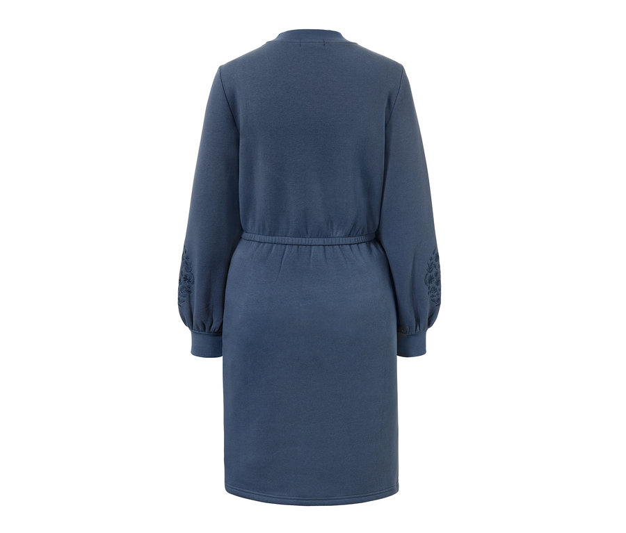 Blaues Still-/Umstands-Sweatkleid mit langen Ärmeln und Blumenstickerei.