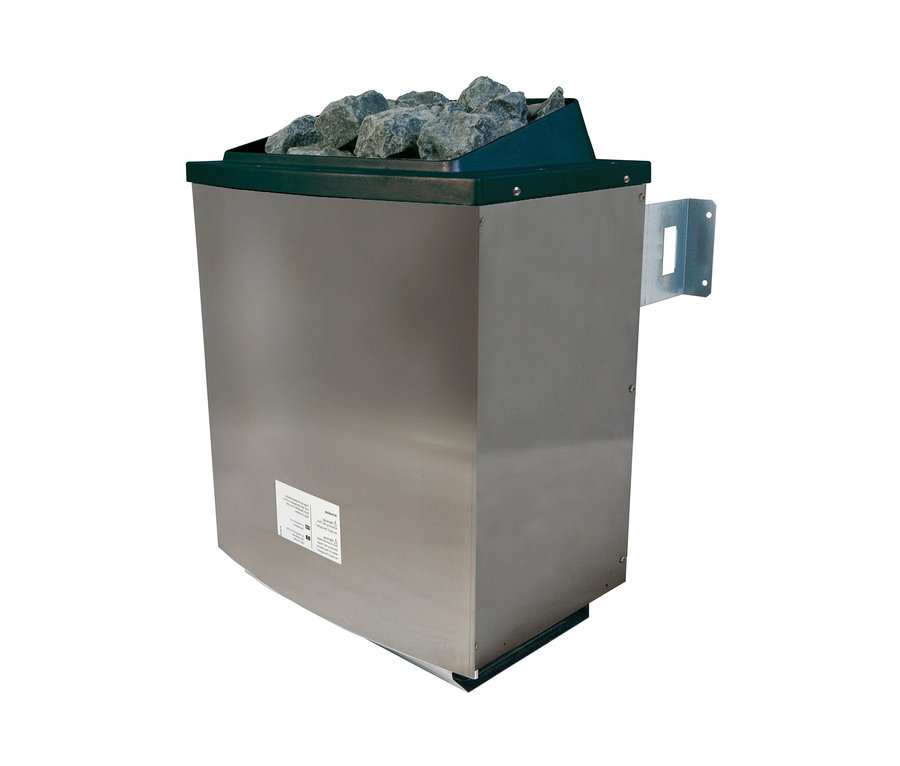 Ein Karibu Saunahaus-Set »Rahlau A« mit einem 9 kW-Ofen mit externer Steuerung und Lavasteinen oben drauf.