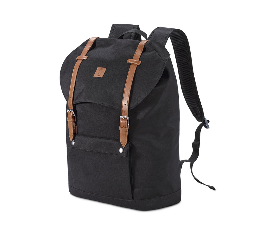 Schwarzer Heritage-Rucksack mit braunen Lederriemen.