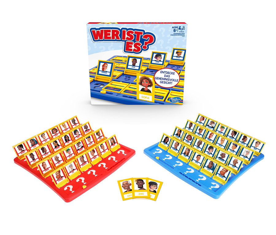 Das Brettspiel »Wer ist es?« von Hasbro mit zwei Spielfeldern und Charakterkarten.