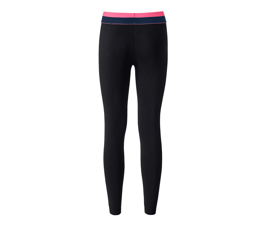 Schwarze Tight mit rosa und dunkelblauem Bund.