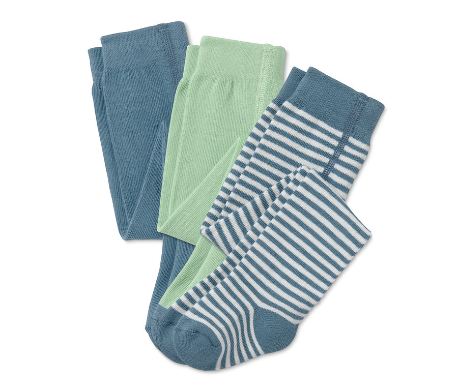 Drei Strumpfhosen: blau, grün und blau mit weißen Streifen.