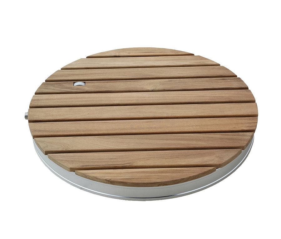 Runde Breuer®-Outdoor-Bodendusche »Fontana« mit Holzboden und silbernem Rahmen.