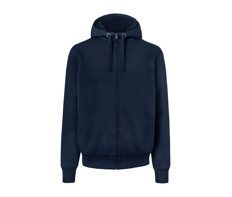Marineblaue Kapuzen-Sweatjacke mit Teddyplüsch-Futter und Reißverschluss.