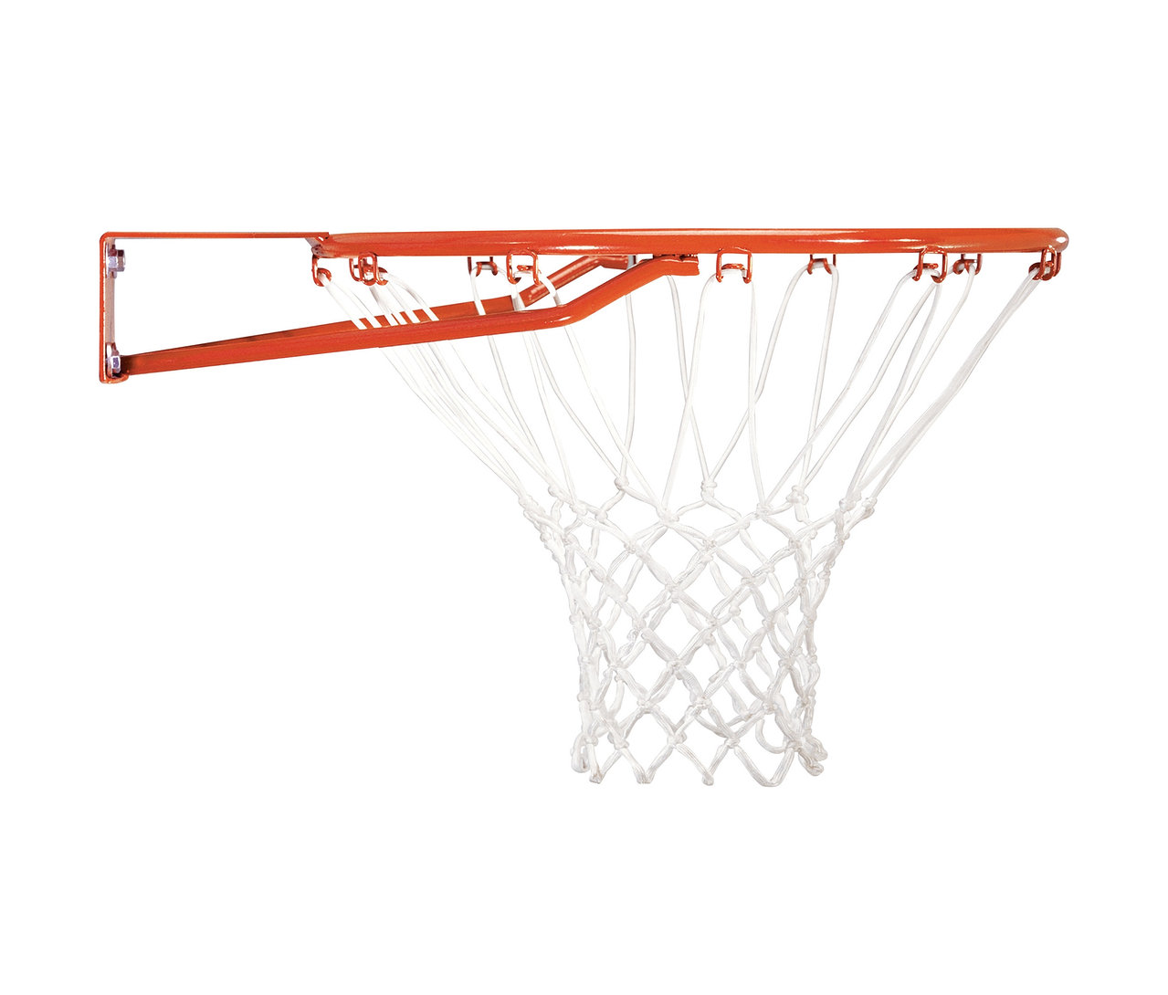 Orangefarbener LIFETIME Basketballständer »Miami« mit weißem Netz vor einem weißen Hintergrund.