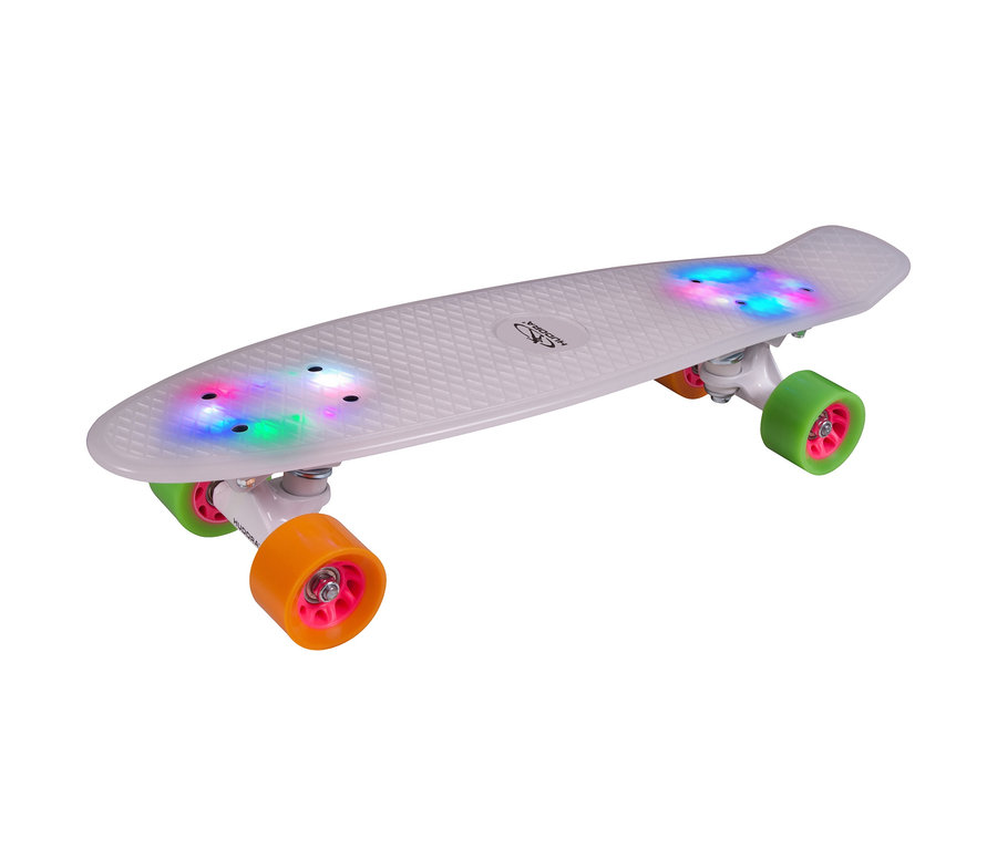 Weißes HUDORA-Skateboard Retro "Rainbow" mit bunten Lichtern und orangefarbenen und grünen Rädern.