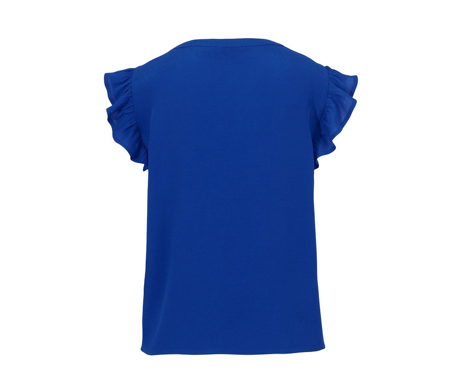 Blaue Bluse mit V-Ausschnitt und Rüschenärmeln.