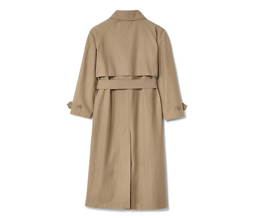 Beiger NAH/STUDIO Trenchcoat aus recycelter Baumwolle, Rückansicht.