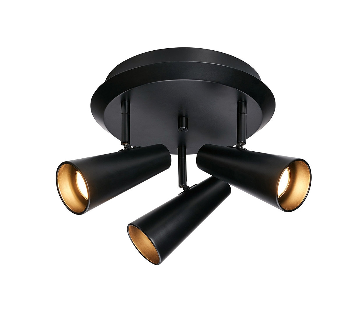 Schwarze Deckenleuchte mit drei verstellbaren konischen Strahlern.