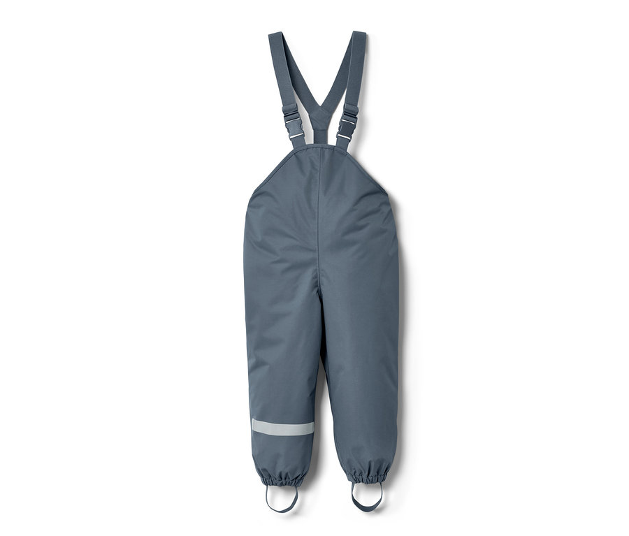 Blaue Kleinkinder-Regenhose mit Latz und Reflektorstreifen am Hosenbein.