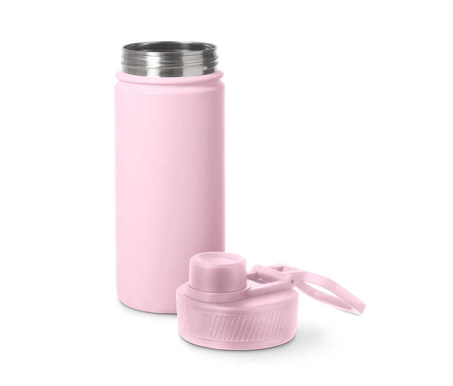 Eine rosa Sport-Trinkflasche und ihr Deckel liegen daneben.