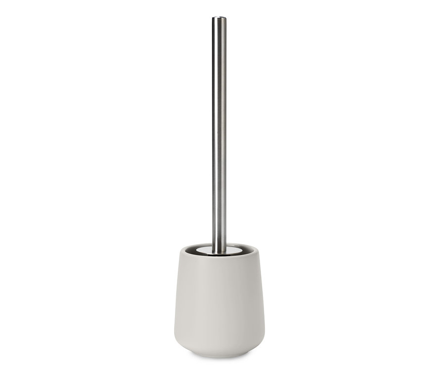 WC-Bürste mit silbernem Griff und grauem Keramikhalter.