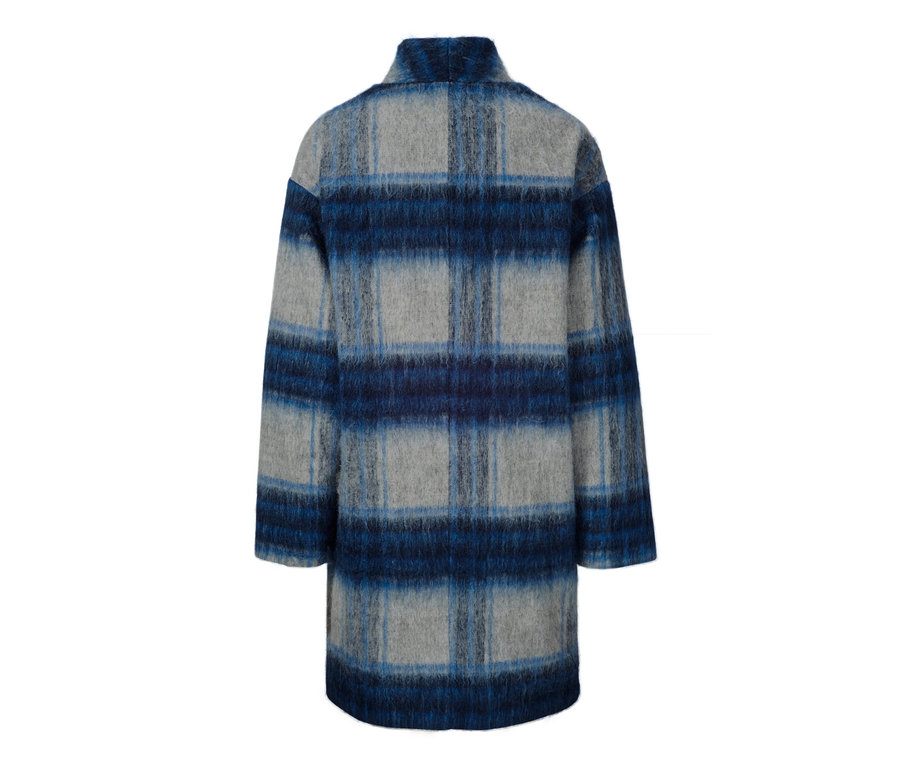 Grau-blauer karierter Mantel.