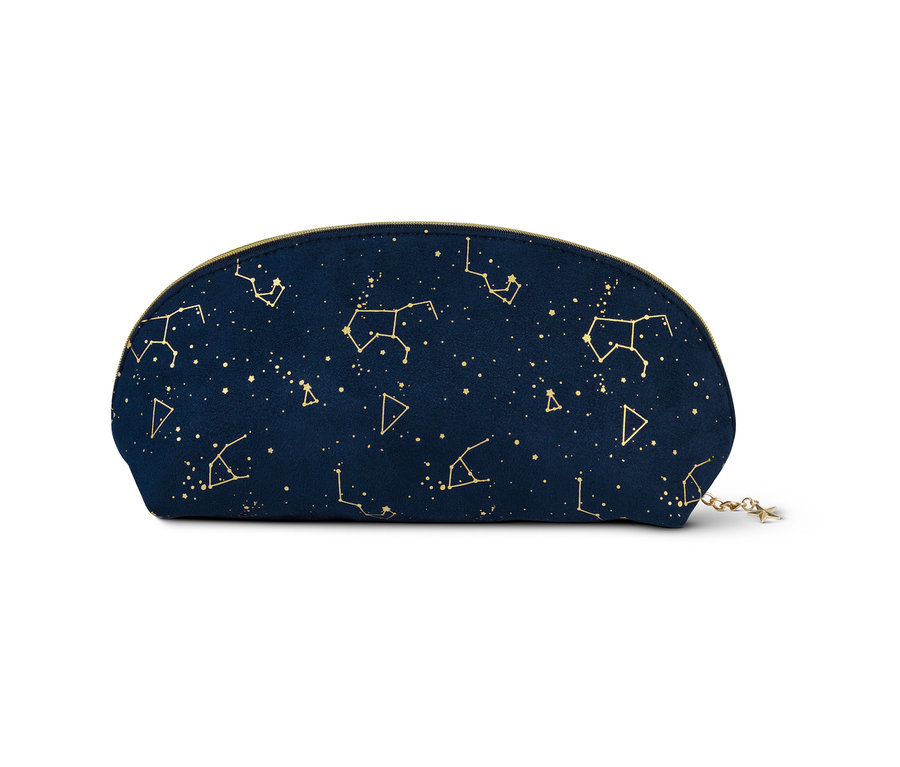 Eine marineblaue Kosmetiktasche mit goldenem Sternbildmuster.