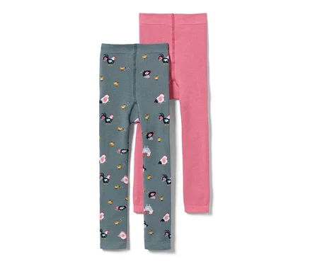 Zwei Kinder-Thermoleggings: eine grau mit Hühnermuster, eine rosa.