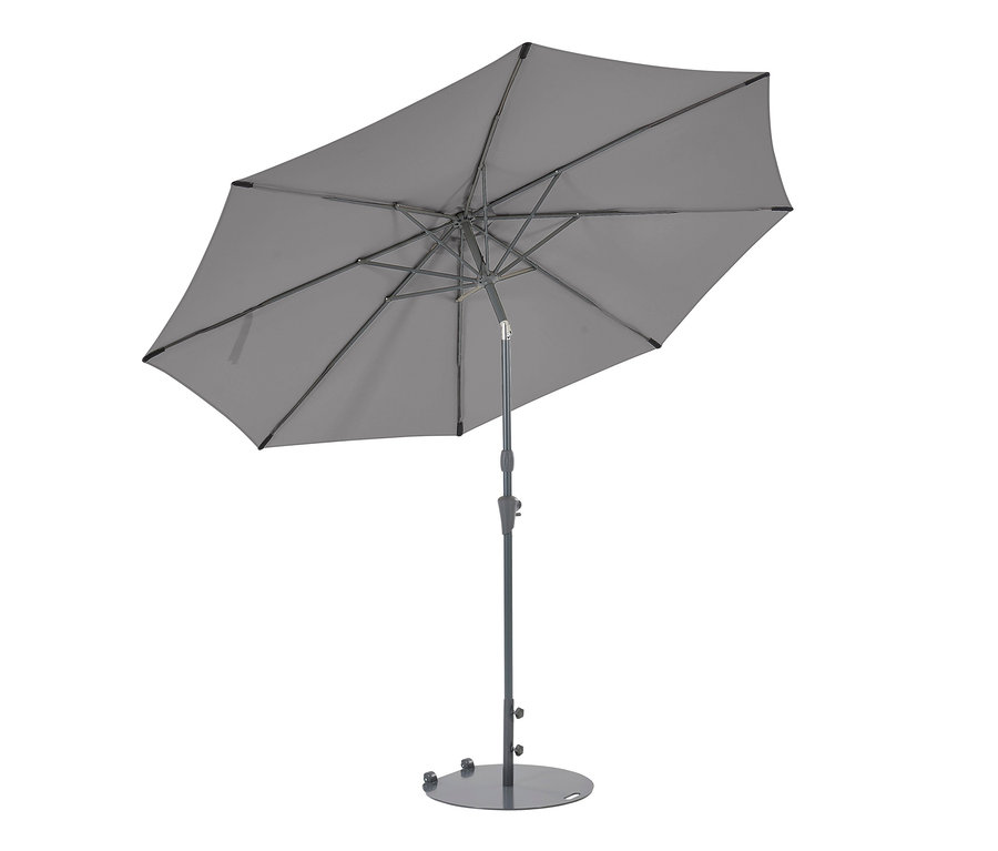 Grauer Sonnenschirm steht auf flachem, grauem Leco Sonnenschirmständer Ø 60 cm mit Rollen.