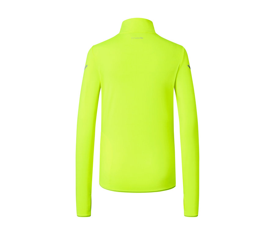 Rückansicht eines neongelben Thermo-Funktionsshirts mit langen Ärmeln.