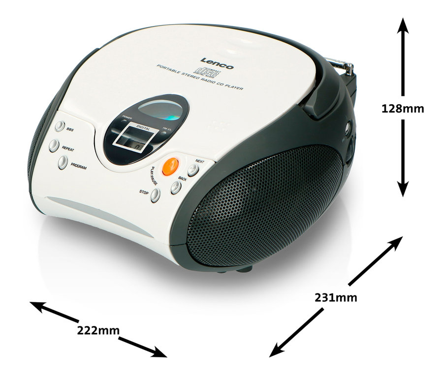 Detailaufnahme einer weißen Lenco »SCD-24 Boombox« CD-Player mit Radio und Kopfhöreranschluss.