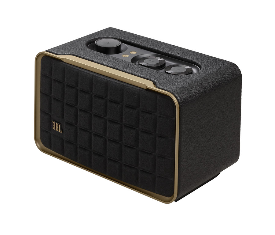 Schwarzer JBL Authentics 200 Smart-Home-Lautsprecher mit Bedienelementen oben.