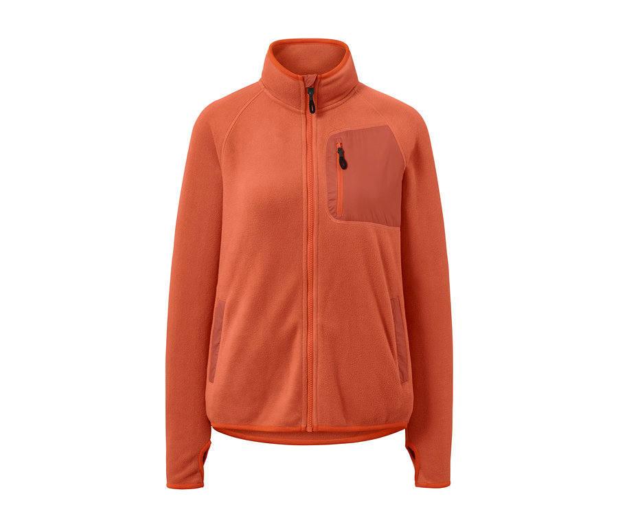 Orange Fleecejacke mit Reißverschluss vorne.