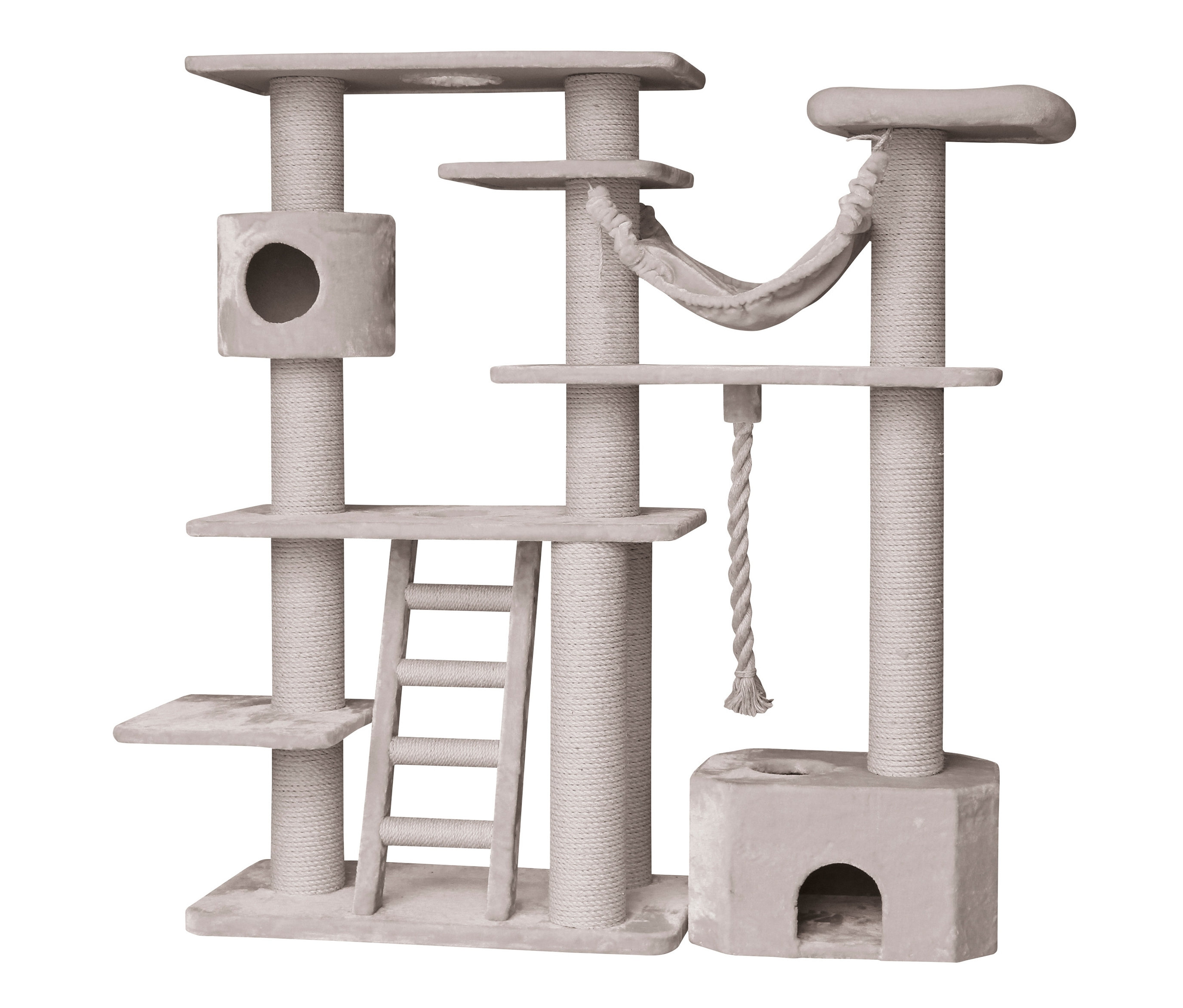 Ein beiger Nobby Kratzbaum »GORDO« mit mehreren Ebenen, Höhlen, einer Leiter und einer Hängematte.
