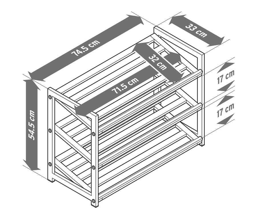 Illustration eines Schuhregals mit 3 Ebenen und Abmessungen.
