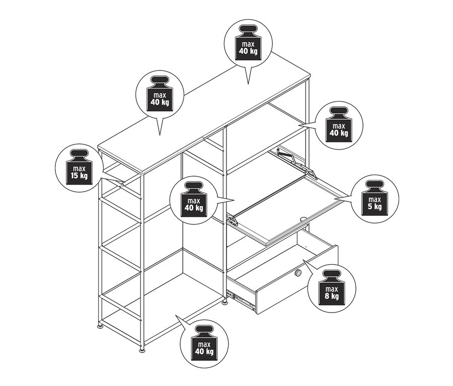Skizze der weißen Metallkommode »CN3« mit Holzplatte, 1 Kleiderstange, 1 Klappenfach und 3 Schubladen.