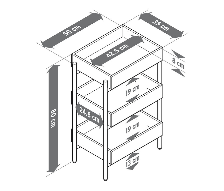 Skizze eines Standregals mit 3 Fächern, die die Abmessungen zeigt.
